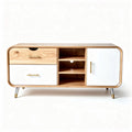 Wooden media console with storage drawers and open shelves 120 x 40 x 50cm