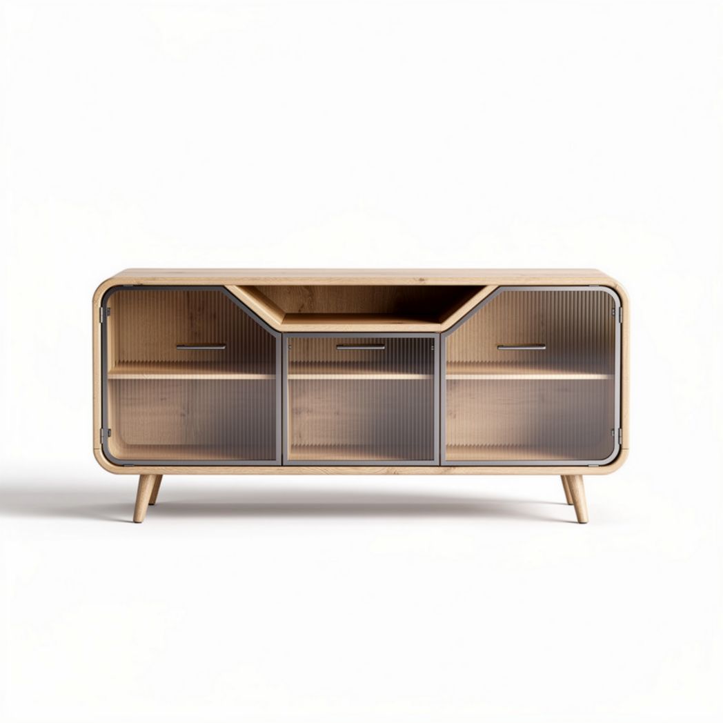 Wooden media console with glass doors and storage dimensions 150 x 45 x 60cm