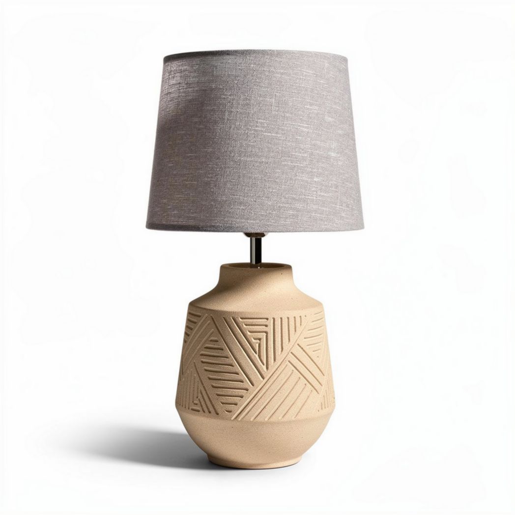 Ceramic table lamp with textured base and grey fabric shade 25 x 25 x 50cm