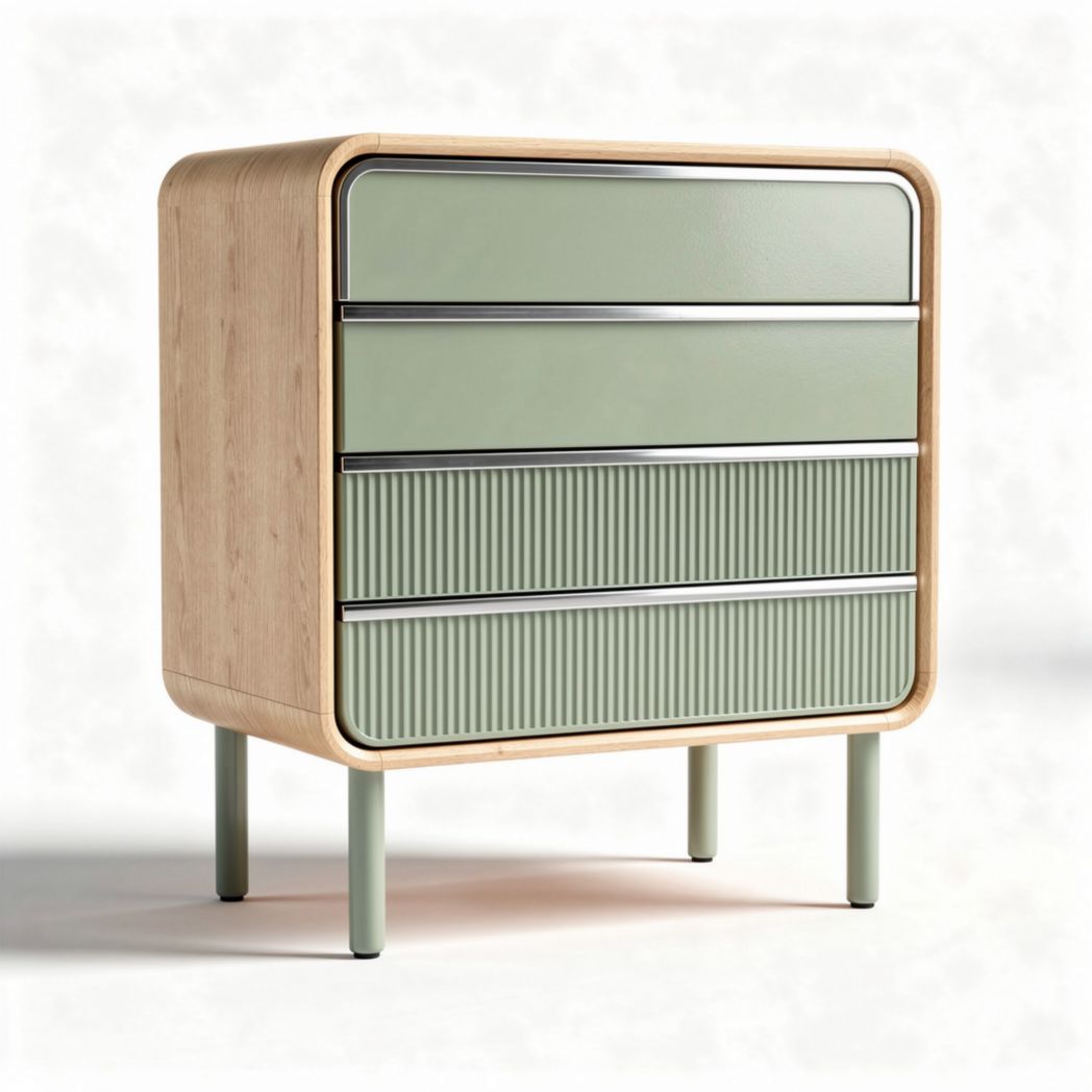 Modern bedside table with green drawers and oak wood frame 40 x 30 x 70cm