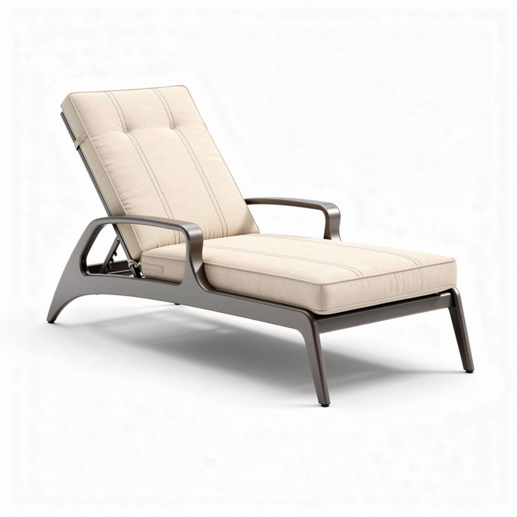 Aluminum lounge chair with adjustable backrest and beige fabric cushion