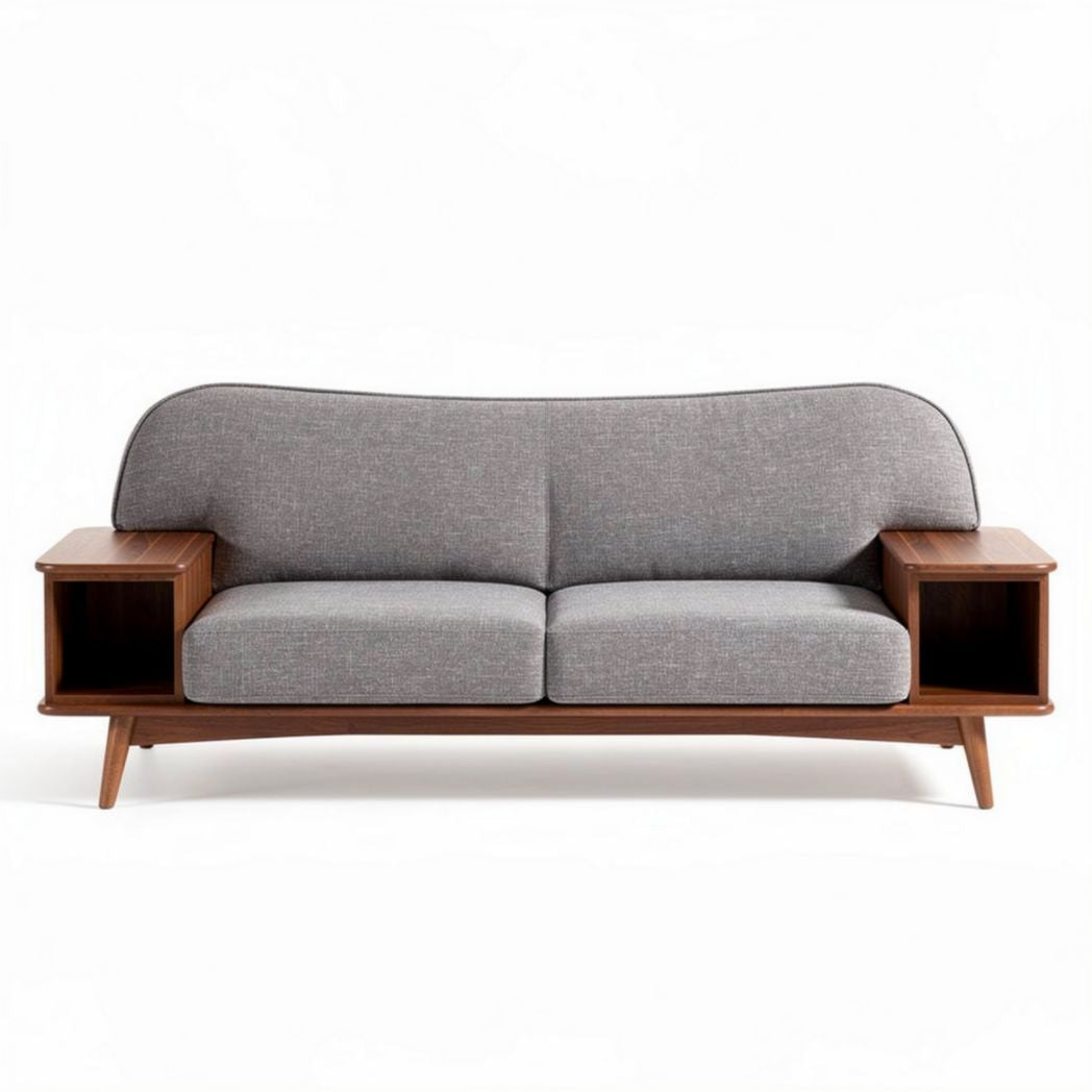 Mid-century modern sofa grey fabric upholstery walnut wood frame 180 x 80 x 75cm